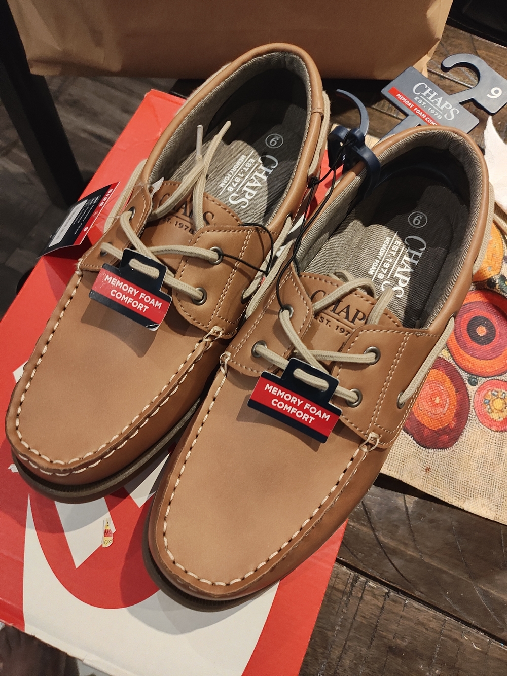 Chaps Men's Tan Leather Boat Shoes with Memory Foam